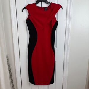 J Peterman Red Black Colorblock Sheath Dress Size 4 Cap Sleeve‎ Wiggle Cocktail